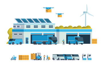Modern flat Illustration of Green Sustainable Warehouse Building, storage. truck and container. Warehouse Management, Logistic Management. vector illustration
