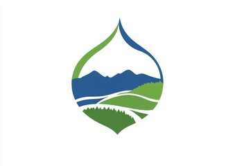 Obraz premium logo featuring a water drop filled with a landscape, designed in green and blue colors on a clean white background. This logo embodies environmental themes