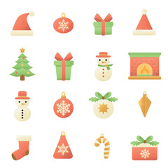 A collection of Christmas and New Year icons, including Santa hats, gifts, snowmen, ornaments, a Christmas tree, and more. Perfect for holiday-themed designs, greeting cards, and festive illustrations