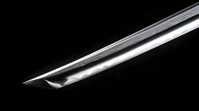 Close-up View of a Sharp, Curved Sword Blade with Detailed Hamon Pattern Against a Black Background