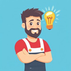 Cartoon repairman smiling with an idea light bulb over a blue background