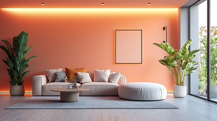 A modern living room, vibrant with orange walls and lush plants, feels warm and inviting.
