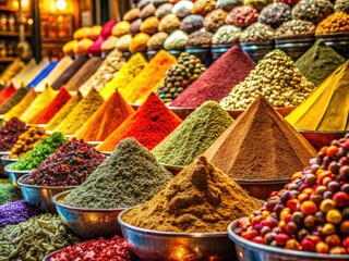 Fototapeta premium Turkish spices dance in Istanbul's markets, a kaleidoscope of color and scent, enticing passersby with the promise of exotic flavors and ancient aromas.