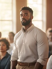 Obraz premium A confident young man standing in a bright, sunlit room attending a seminar