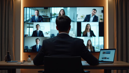 Business professional engaged in a virtual video conference meeting