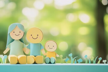 Side view of 3D family concept, made from paper craft, closeup of mom, dad and baby sitting on the meadow, all face are happiness , all made from paper, pastel color, bright blue, green, yellow tone.