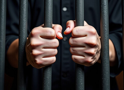 Close-up image of hands tightly grasping metal jail bars, conveying a sense of captivity, confinement, and desperation. The scene evokes strong emotions and intensity