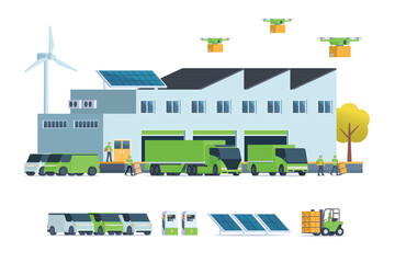 Modern flat Illustration of Green Sustainable Warehouse Building, storage. truck and container. Warehouse Management, Logistic Management. vector illustration