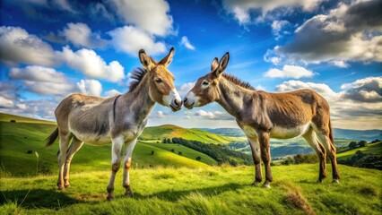 Naklejka premium Two donkeys frolic across the sun-drenched meadow, their playful brays echoing through the air as they chase each other beneath the blue sky.