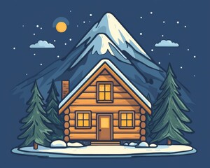 Fototapeta premium Cozy Cabin in the Mountains at Night.