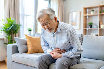 Asian Elderly man stomach pain in Bright and modern living room, 4k