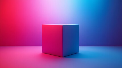 A white cube is sitting in a room with a blue and pink background