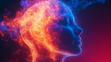 A woman's face is shown in a computer generated image with a blue