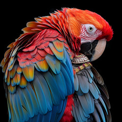 Fototapeta premium Luxurious Scarlet Macaw with an open tail, full face, jewelry