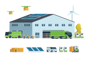 Modern flat Illustration of Green Sustainable Warehouse Building, storage. truck and container. Warehouse Management, Logistic Management. vector illustration