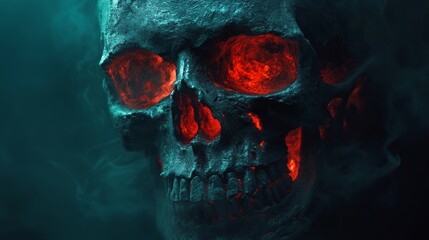 A skull with red glowing eyes and a black face
