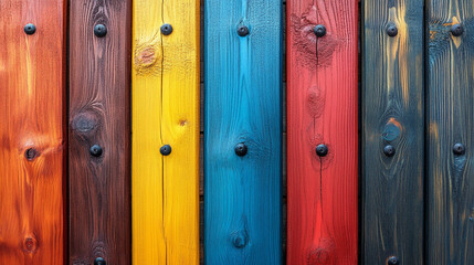 Fototapeta premium Vibrant wooden planks in an array of colors, showcasing texture and patterns for decorative and design purposes.