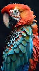 Fototapeta premium Luxurious Scarlet Macaw with an open tail, full face, jewelry
