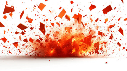 Dynamic explosion with vibrant red fragments bursting against a white background, conveying energy and intense motion.