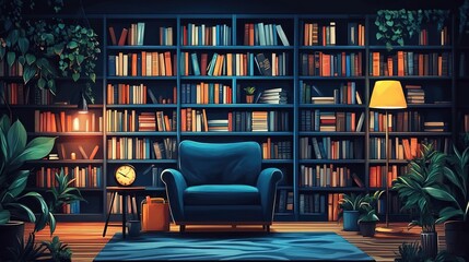 Cozy reading nook featuring a blue armchair and warm bookshelves, surrounded by lush plants, perfect for book lovers.