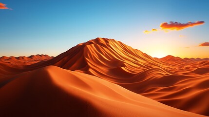 Naklejka premium The desert dunes stretch out under a sunset sky, their sand waves glowing in the fading light.