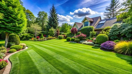 Vibrant green lawn with lush, expertly manicured grass blades, creating an inviting atmosphere for outdoor living and exceptional landscaping.