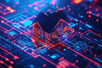 Smart Home Technology - Futuristic House on Circuit Board.