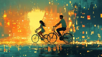 A vibrant scene of two people biking through a glowing cityscape at dusk, capturing a sense of adventure and freedom.
