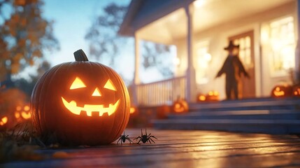 Fototapeta premium Halloween Jack O Lantern and Spooky Decorations on a Cozy Porch at Dusk