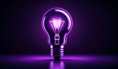 Purple holographic glowing lightbulb with copy space.