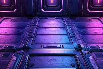 Futuristic sci fi spaceship interior with glowing purple panels
