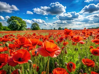 Obraz premium Vibrant red common poppies sway in full bloom on a sun-drenched summer day, their delicate petals dancing in gentle breeze.