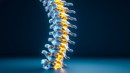 A glowing 3D render of the human spine shines against a dark blue background.