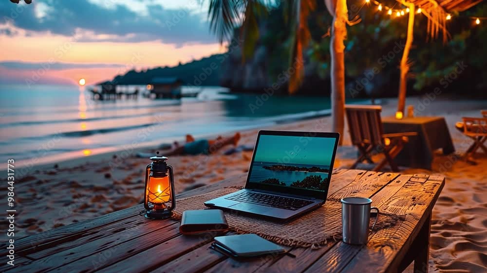 Poster a serene beach setting features a wooden table with a laptop, lantern, and coffee cup, as the sun se