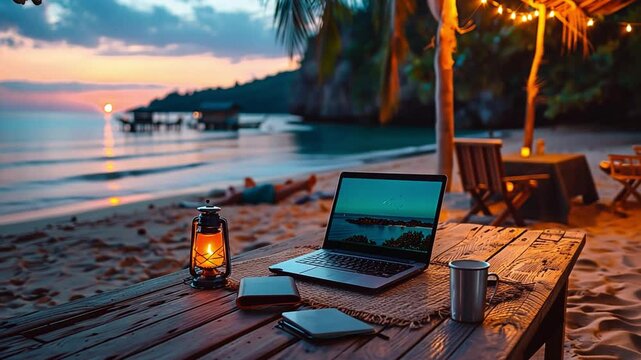 A serene beach setting features a wooden table with a laptop, lantern, and coffee cup, as the sun sets over calm waters, creating a perfect work and relaxation environment.