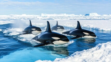 Fototapeta premium Elegant Orcas Swimming in Icy Arctic Waters