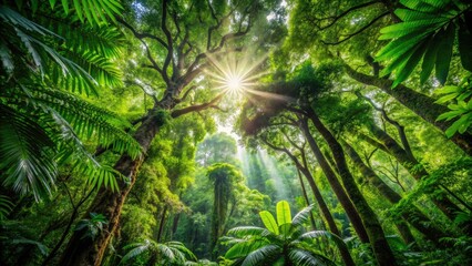 Fototapeta premium Vines and branches tangle together in a lush, verdant canopy, with sunbeams dancing through the leaves, casting intricate patterns on the forest floor.