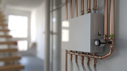 A sleek, modern tankless water heater mounted on a wall, connected to copper pipes in a clean utility room, enhancing energy efficiency and saving space