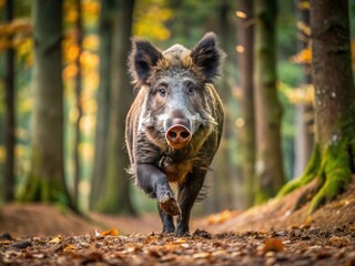 Fototapeta premium Wild boar charges towards the photographer in a forest with aggressive intent