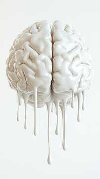 Melting white brain sculpture dripping liquid symbolizes creativity and fragility of the mind art