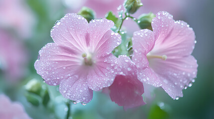 Obraz premium Delicate pink flowers adorned with droplets, showcasing nature's beauty.