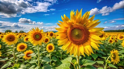 Yellow sunflowers with green leaves and tall stalks bloom under a brilliant blue sky, radiating warmth and simple beauty.