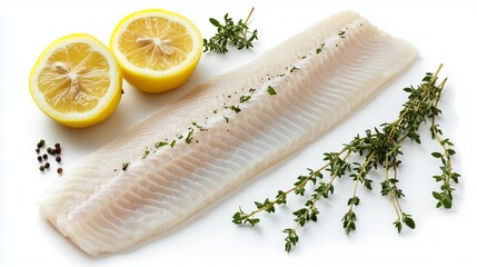 A fresh fish fillet with lemon and thyme on a white background.