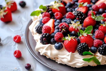 Pavlova dessert with meringue and fresh berries