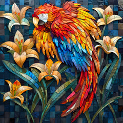 Obraz premium Mosaic artistic image of narrow border of Scarlet Macaw feathers and tiger lilies