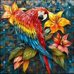 Obraz premium Mosaic artistic image of narrow border of Scarlet Macaw feathers and tiger lilies