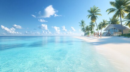 Naklejka premium Tropical Beach Paradise with Clear Blue Water and Palm Trees in Summer
