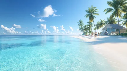 Poster de jardin  Tropical Beach Paradise with Clear Blue Water and Palm Trees in Summer  © atdigit