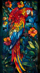 Stained glass vector-style image of beautiful Scarlet Macaw bird tail, tropical flowers, bird feathers, color coordinated abstract expressionism surrealism apophysis paisley design
