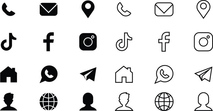 Minimalist Social Media Icons Set | Outlined and Flat Symbols Vector Illustration Including WhatsApp, Facebook, Telegram, Twitter X, Behance, Man, Woman, Location Pin